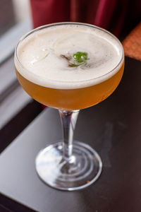 High angle view of beer in glass on table