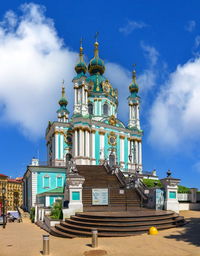 The st. andrew church and the andriyivskyy descent in kyiv, ukraine, on a sunny summer day