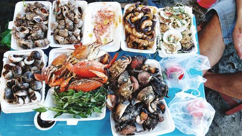 High angle view of seafood at market for sale
