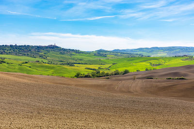 Scenic view of road amidst field against sky
