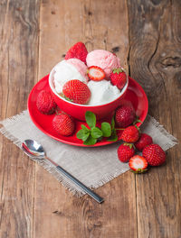 High angle view of strawberries in bowl on table