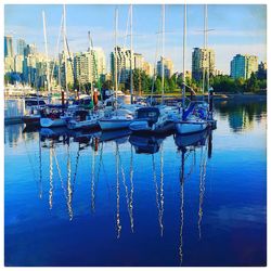 Boats moored at harbor