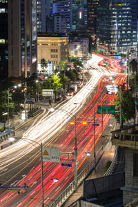 High angle view of light trails on city street