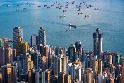 High angle view of modern buildings in city