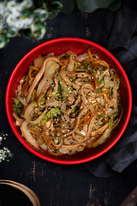 High angle view of noodles in bowl on table