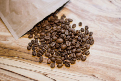 High angle view of coffee beans on table