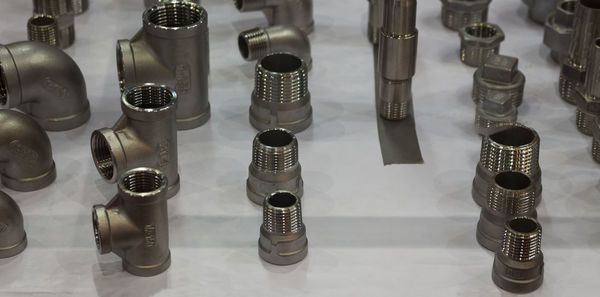 High angle view of bottles on table