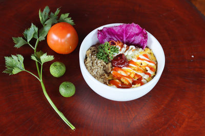 High angle view of food in plate on table