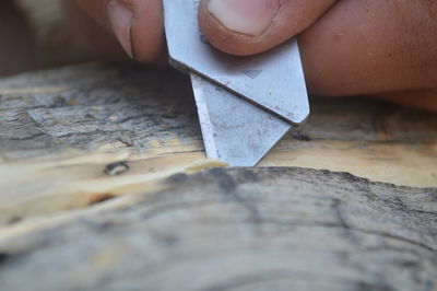 Close-up of hand holding wood