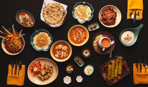 High angle view of food served on table