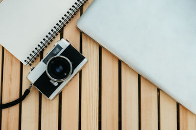 High angle view of camera on table