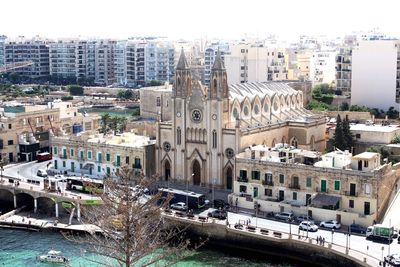 High angle view of buildings in city