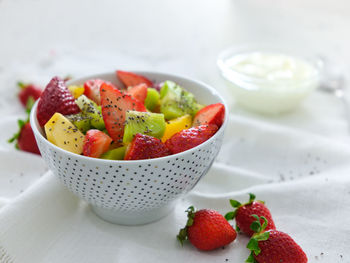 Close-up of strawberries in bowl on table