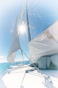 Sailboat sailing in sea against sky on sunny day