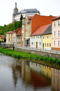 Buildings by river against sky