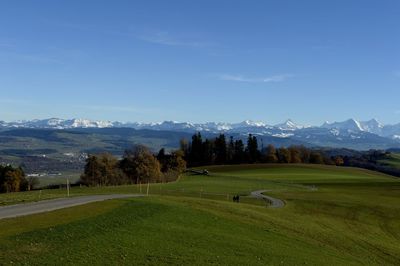 Scenic view of golf course against sky