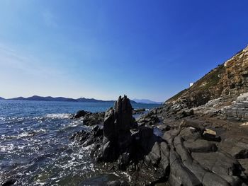 Scenic view of sea against clear blue sky