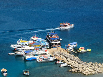 High angle view of ship sailing in sea
