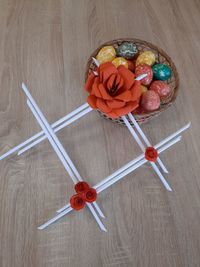 High angle view of multi colored candies on table