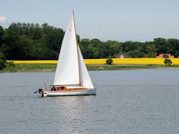 Sailboat sailing on lake against sky