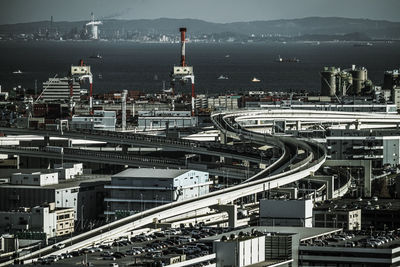 High angle view of elevated road and cityscape