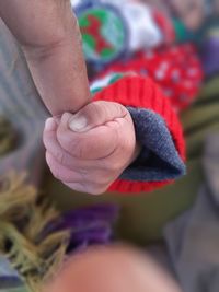 Close-up of hand holding red leaf