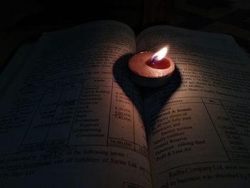Close-up of lit candles on book