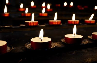 Lit tea light candles in temple