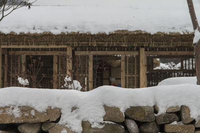 Snow on built structure in winter