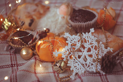 High angle view of christmas decoration on table