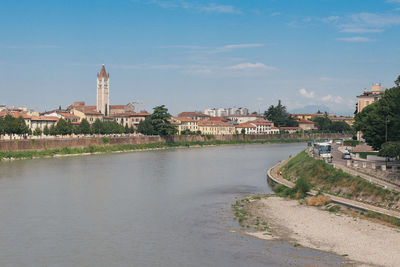 River amidst buildings in city against sky