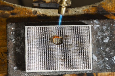 High angle view of equipment on table