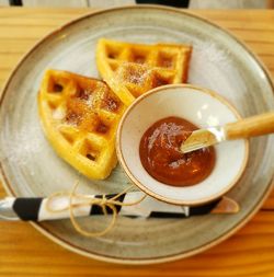 High angle view of breakfast on table