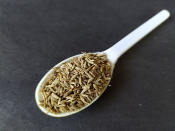 High angle view of rice in bowl on table