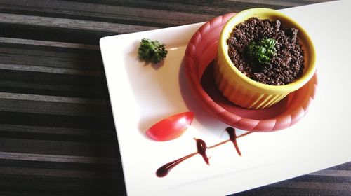 High angle view of dessert in plate on table