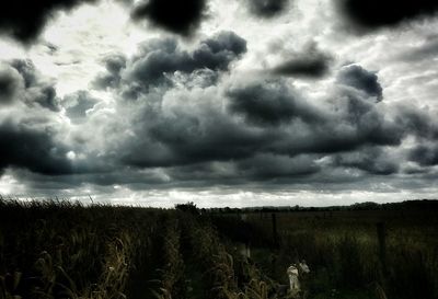 Scenic view of field against cloudy sky