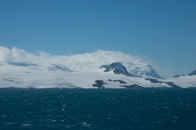 Scenic view of snowcapped mountains against blue sky