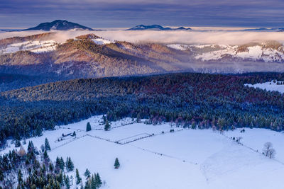 Scenic view of snow covered mountains against sky