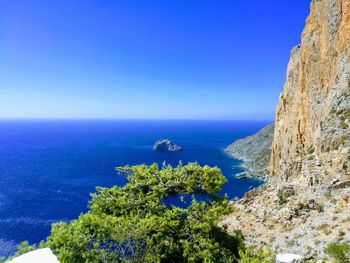 Scenic view of sea against clear blue sky