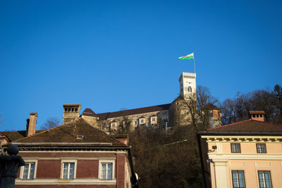 Low angle view of building against clear blue sky