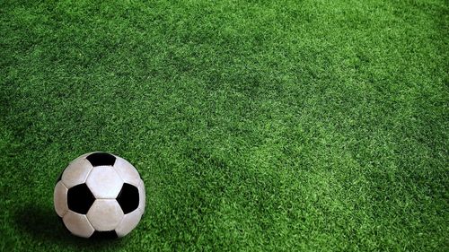 High angle view of soccer ball on field