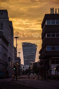 View of city street at dusk