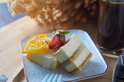 Close-up of dessert served on table