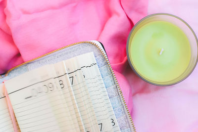 High angle view of drink on table