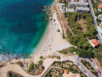 Aerial view of a small beach in the mediterranean sea. north of vinaros city, cala del pinar.