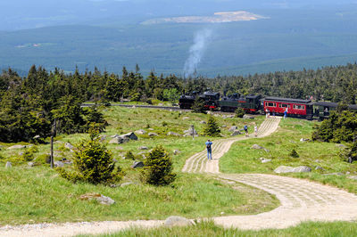 High angle view of steam train moving at harz national park