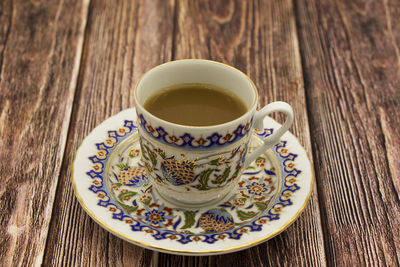 High angle view of coffee cup on table