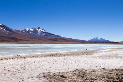 Scenic view of beach against clear blue sky