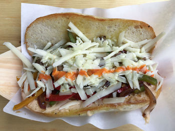 Close-up of philadelphia cheese steak sandwich on plate 