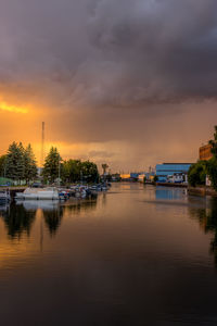 Scenic view of river against sky at sunset